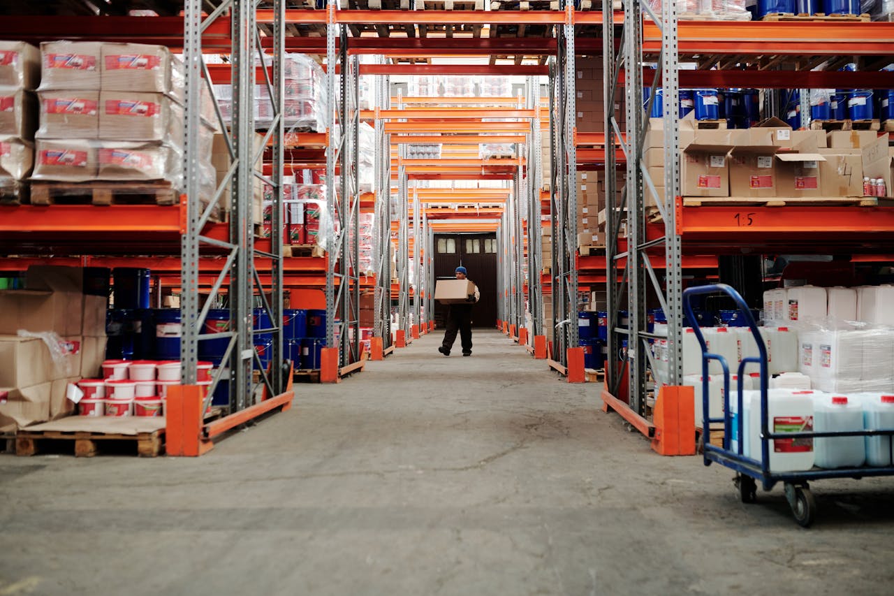 services-03 A worker carrying a box in a well-organized warehouse storage aisle.
